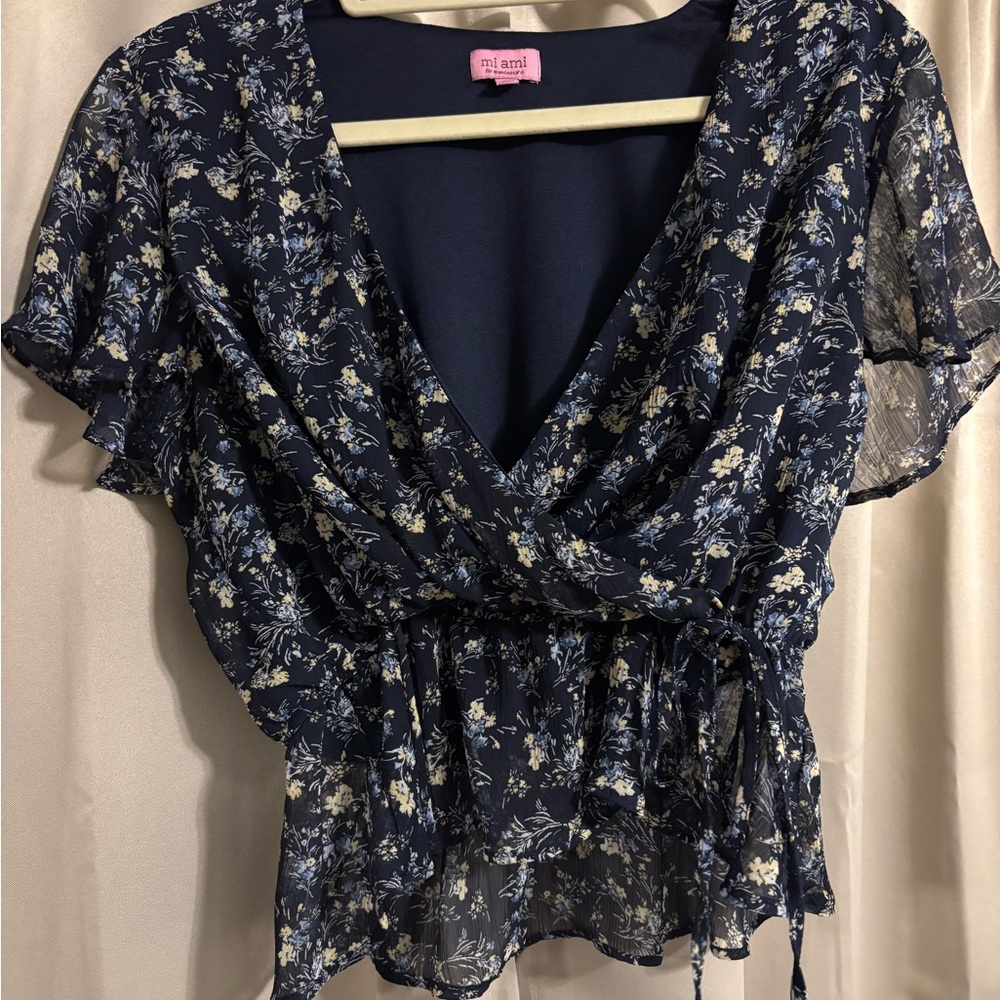 miami Dark Blue Floral Wrap Blouse